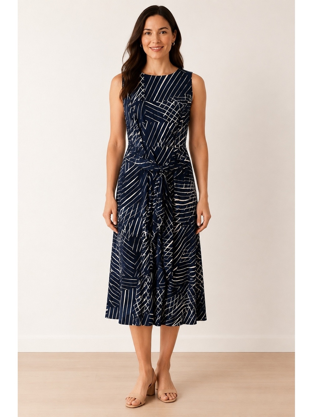 Lauren Ralph Lauren Navy Blue Geometric Print Sleeveless Midi Dress Size 8